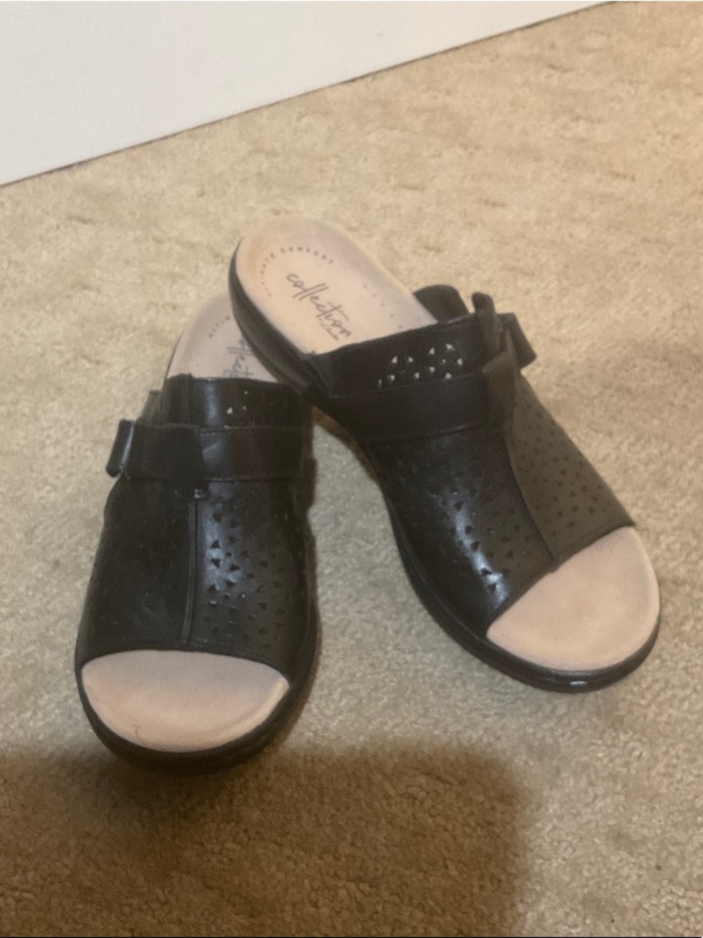 Clarks Black Open-Toe Perforated Slide Sandals